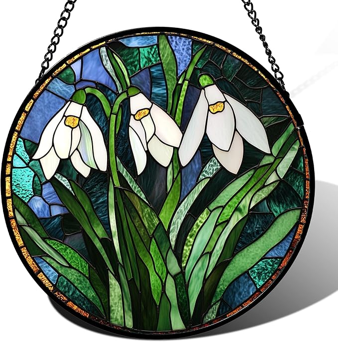 Stained Glass Window Hanging - Green Plants Birth Flowers Suncatcher for Doors Garden Patio Sun Catchers Decor Christmas Mother's Day Birthday Gifts for Women Men Mom Nana Friend 6.3 in