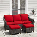 3 Pieces Outdoor Conversation Furniture Set - 77" Patio Sofa, 2 Rattan Wicker Ottomans, Patio Wicker Couch Set with Water-Resistant and Washable Cushions for Sunroom, Deck, Porch (Red)