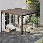 8x10FT Lean to Gazebo, Outdoor Metal Hardtop Wall Mounted Gazebo with Gutter & Sloping Galvanized Steel Roof, Hard Top Awnings/Shelter for Deck, Porch, Backyard- Brown