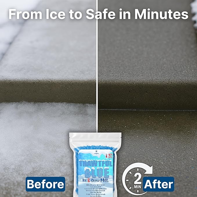 Thawtful Blue Ice & Snow Melt – Snow Melt, Rock Salt, Driveway & Sidewalk Salt for Ice, Blue Granular Rock Salt, Melts to −16°F (−27°C) – Resealable Zip Bag (10 QUARTS - 21.3 lb.)
