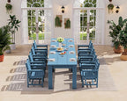 SERWALL Patio Dining Sets for 8, Outdoor Dining Sets for 8 Person with 2 Umbrella Hole Cut-Out Rectangular Tables and 8 Chairs, HDPE Dining Sets for Garden, Backyard, Poolside, Blue