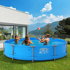 GYMAX 12ft x 30in Metal Frame Above Ground Swimming Pool, Outdoor Backyard Famliy Pool Set with Puncture-Resistant Fabric, Drainage Valve Connector for Kids & Adults (12' x 30", Round, Blue)