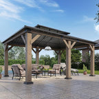 Aoxun 12' x 16' Outdoor Wood Gazebo, Hardtop Gazebo Permanent Wooden Pavilion with Galvanized Steel Double Roof, for Patio, Garden, Backyard, Cedar Wood