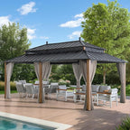 SUNJOY Kingston 20' x 12' Hardtop Gazebo with Galvanized Steel Double Roof, Curtain and Netting, Woodgrain Finish Aluminum Posts Permanent Pavilion Gazebo for Garden, Patio, Deck, Lawn