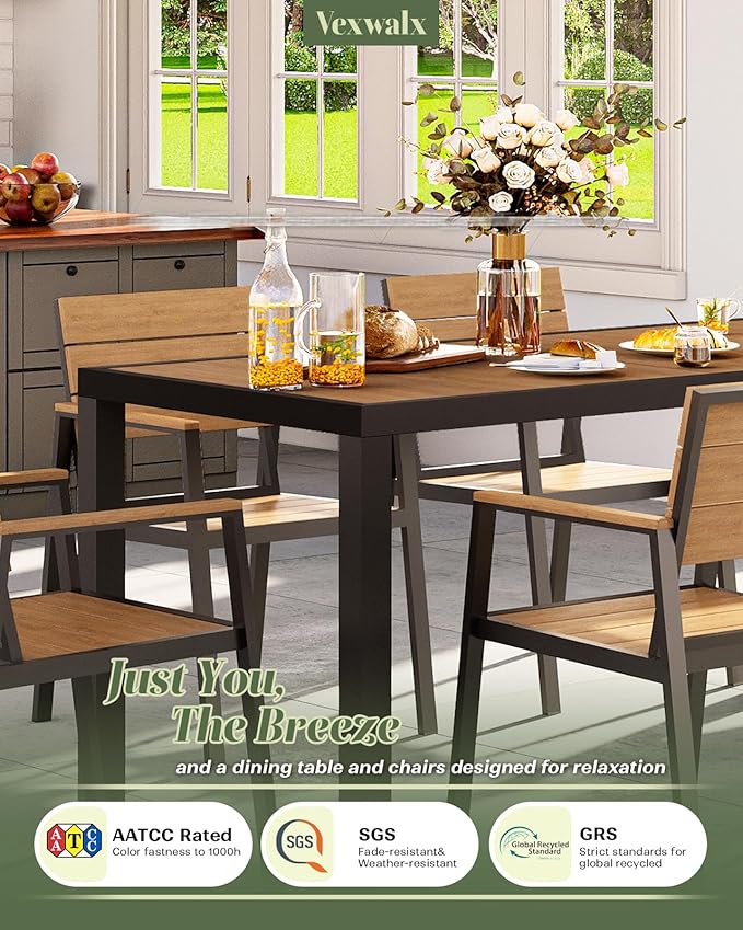 Outdoor Dining Set, Patio Table and Chairs of 4, Aluminum Outdoor Furniture Set with Umbrella Hole, HDPS Patio Dining Table Set for 4 (Gray-Teak)