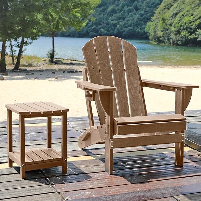 Folding Adirondack Chair, HDPE Outdoor Texture Lawn Chair with Reclining Back, Cup and Phone Holder - Comfortable Firepit Chair Weather Resistant for Patio or Backyard (Brown, Set of 4)