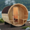 Outdoor Barrel Steam Sauna with Porch, Canadian Hemlock Wood Sauna 6 Person, 6KW Toule Heater, 220V, Waterproof System, Asphalt Shingles, Rugged Base(0-195℉)