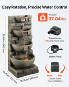 VEVOR Outdoor Water Fountain, 35.63 in Height Fountain and Waterfall, 4-Tier Floor Standing Cascading Fountains with LED Light and Pump, Block Stack Style, for Outdoor Indoor Garden, Patio & Backyard