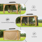 Domi 12' x 14' Hardtop Gazebo Permanent Aluminum Gazebo with Wood-Looking Frame, Galvanized Steel Double Roof, Curtains and Netting for Patio, Lawn, and Garden