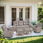 6 Piece Patio Furniture Set - Wicker Patio Conversation Set with Swivel Glider, 3-Seater Sofa, Tempered Glass Side Table and 2 Ottomans for Deck Backyard - Grey Wicker Grey Cushion