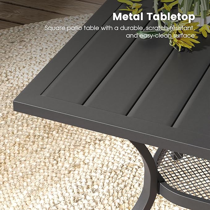 DIFY 5 Pieces Outdoor Patio Dining Set for 4, 37.8" Black Metal Square Dining Table and 4 Dark Grey Textilene Patio Swivel Chairs, Outdoor Table and Chairs