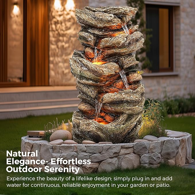 32" High Outdoor Water Fountain, 5-Tiers Cascading Rock Waterfall with LED Lights for Garden, Patio, Yard Decor, Soothing Tranquility for Any Outdoor Living Space