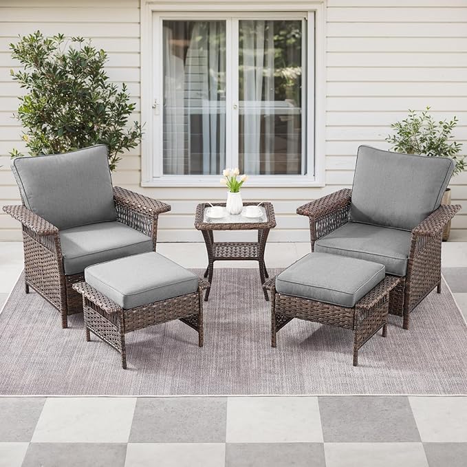 5 Pieces Wicker Patio Furniture Set - Hollow Widen Armrests Outdoor Rattan Chairs with Ottomans and Side Table, Small Patio Convention Set for Balcony Porch Deck and Yard - Brown/Gray
