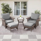 5 Pieces Wicker Patio Furniture Set - Hollow Widen Armrests Outdoor Rattan Chairs with Ottomans and Side Table, Small Patio Convention Set for Balcony Porch Deck and Yard - Brown/Gray