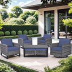 Wicker Patio Furniture Set：7 Piece Outdoor Patio Furniture Set with 2 Swivel Patio Chairs 2 Single Chairs a Coffee Table and 2 Ottomans, Grey Wicker/Blue Cushion