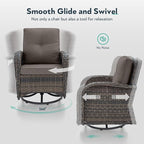 Outdoor Swivel Glider Rocker Chairs Set- 6 Piece Patio Furniture Set with A Glider Loveseat, Tempered Glass Side Table and 2 Ottoman, for Balcony, Porch - Brown Wicker, Grey Cushion