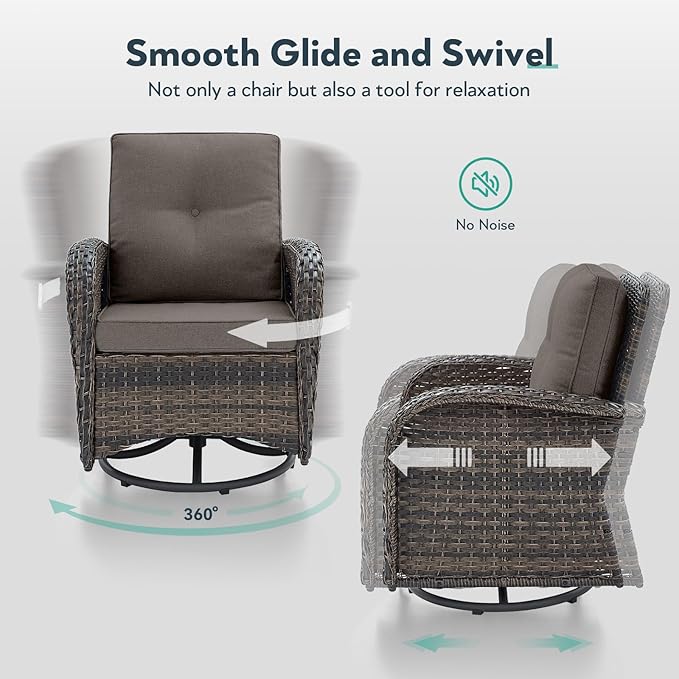 5 Piece Patio Furniture Set with Fire Pit Table - Wicker Patio Conversation Set with Swivel Glider, Glider Loveseat, Tempered Glass Side Table for Deck Backyard - Brown Wicker Grey Cushion
