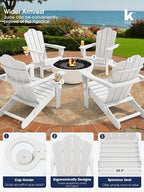 KINGYES Folding Adirondack Chair Set of 8, HDPE All-Weather Patio Chairs with Cup Holder, Wooden Textured Fire Pit Chairs for Poolside, Backyard, Deck, White