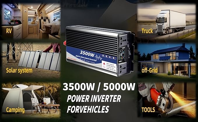 3500W Power Inverter 12V DC to 110V AC Converter with LED Display Dual AC Outlets Dual Fans Radiating for RV, Camp, Boat and Home Emergency Portable Pure Sine Wave Inverter (Smart Screen, 3500W 12V)