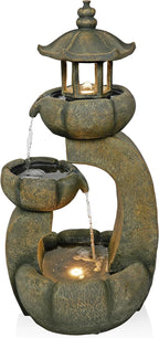 Alpine Corporation WIN1688 32" 2-Layer Pagoda Polystone Fountain with LED Lights, Cascading Waterfall, Outdoor Garden and Patio Water Feature, Zen Décor, Relaxing Sound, Brown