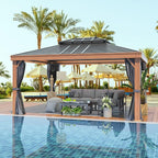 YOLENY 12'x16' Hardtop Gazebo, Galvanized Steel Double Roof with Wood-Looking Aluminum Frame, Outdoor Permanent Metal Pavilion with Curtains and Nettings for Patio, Backyard and Deck