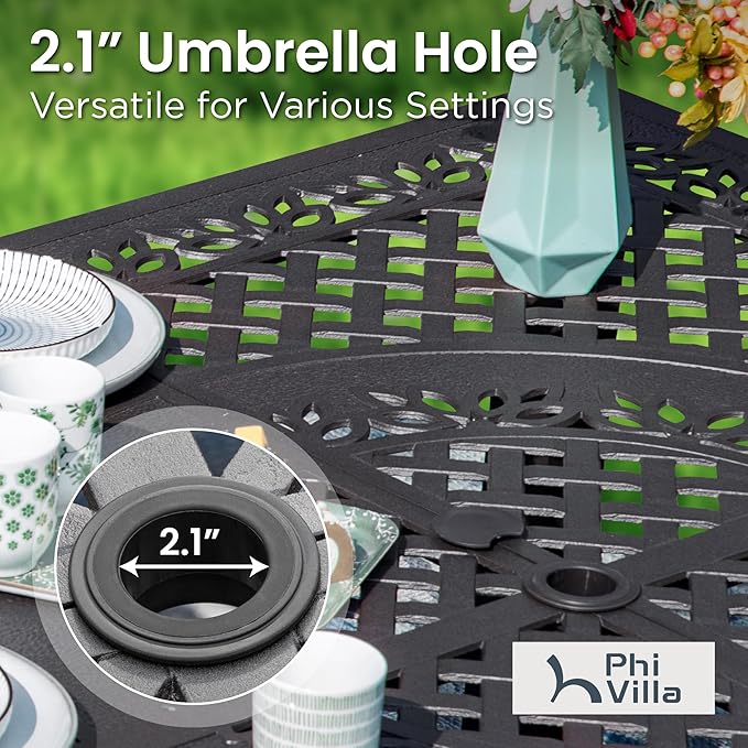 PHI VILLA 9 Pieces Outdoor Cast Aluminum Dining Set for 8, Square Metal Dining Table with Umbrella Hole & Cushioned Wicker Rattan Chairs, Dining Furniture Set for Patio, Deck, Yard and Porch