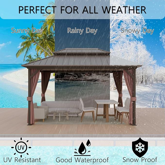 12'x12' Hardtop Gazebo, Outdoor Aluminum Frame Galvanized Steel Double Roof Pavilion with Netting and Shaded Curtains, Permanent Metal Pergolas for Patio, Backyard, Deck and Lawns.