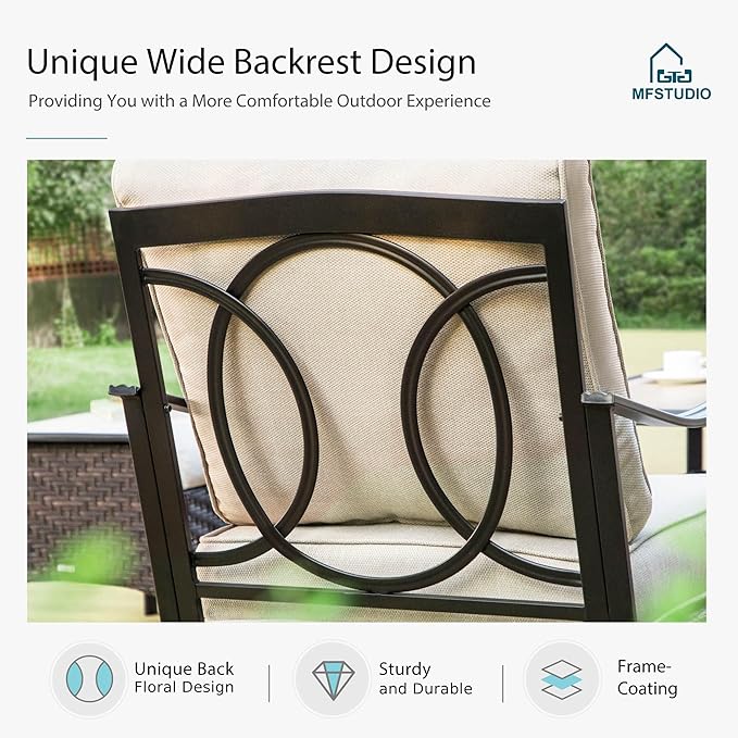MFSTUDIO 4 Pieces Outdoor Patio Furniture Set, Metal Outdoor Conversation Sofa, Rattan Wicker Patio Sectional Sofa Set with 2 x Fixed Single Sofa, 2 x Ottoman, Beige