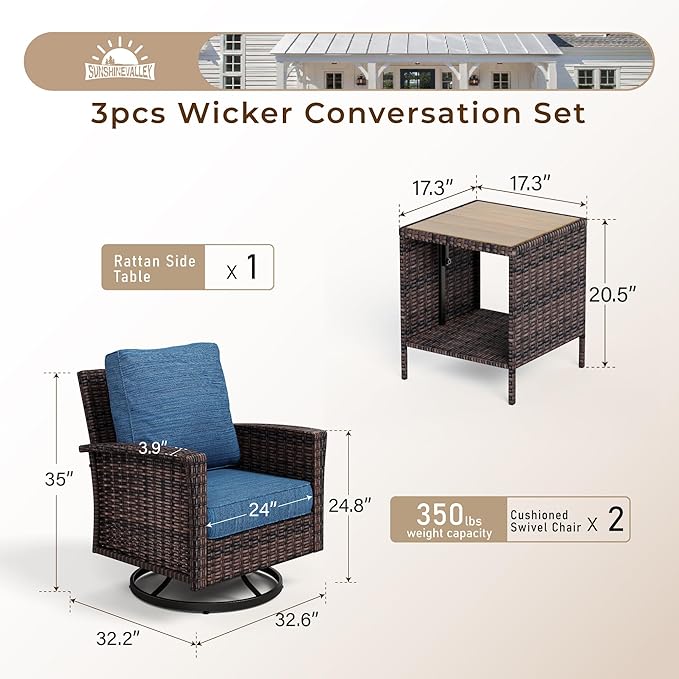 Patio Wicker Swivel Chairs Set of 2, Outdoor High Back Chairs with 5.5" Waterproof Cushions and Side Table, Outdoor Furniture Set for Deck Porch and Yard, Peacock Blue
