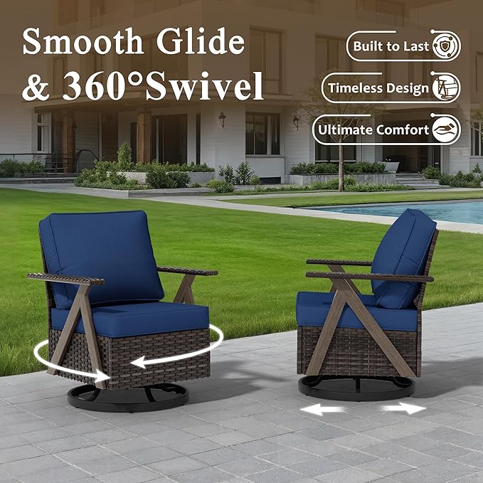 7 Pieces Patio Furniture Set,Outdoor Sofa & High Back Swivel Rocker Patio Chairs, Wicker Conversation Set with Ottoman for Deck Yard and Poolside