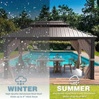MELLCOM 10'x13' Hardtop Gazebo, Galvanized Steel Double Roof Metal Canopy with Aluminum Frame, Brown Permanent Patio Gazebos with Curtains and Netting for Patios, Gardens, Lawns