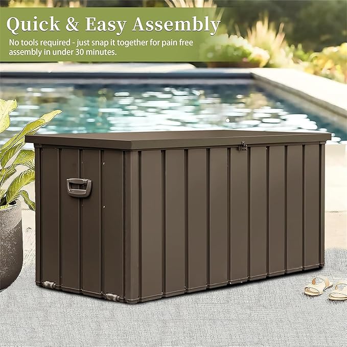Metal Storage Box for Outdoor Dark Brown Lockable Water-Resistant Deck Box for Patio Garden Tools Organization Rust-Resistant Heavy-Duty Outside Storage Box (100 Gallon)