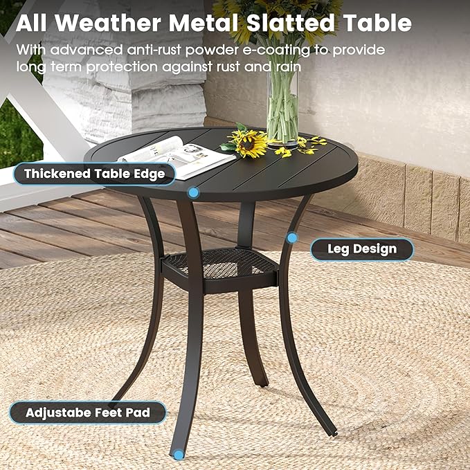 DIFY 3 Pieces Outdoor Patio Bistro Dining Set, 2 Blue Textilene Swivel Dining Chairs and 27.6" Black Small Round Dining Table, Outdoor Table and Chairs