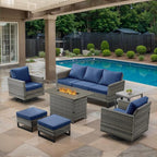 7 Piece Wicker Patio Furniture with Fire Pit Table - Outdoor Conversation Set with 50,000 BTU Fire Pit, All Weather Rattan Patio Set for Deck Backyard Garden - Grey Wicker Blue Cushion