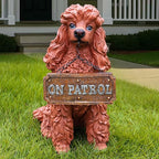 Poodle Outdoor Garden Statue with Double-Sided “Welcome/ON Patrol” Hanging Sign and Solar Lantern, Brown Sitting Dog for Porch, Path & Yard Décor