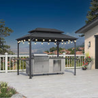 PURPLE LEAF 6.5' X 10' Hardtop Grill Gazebo for Patio Aluminum Barbeque Canopy with 24 Clear Light Bulbs and Shelves Double Tiered Grey Outdoor BBQ Gazebo