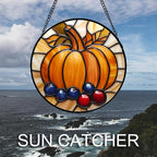 Stained Glass Window Hanging Fall Pumpkin Berries Large 15" - Suncatcher Door Garden Kitchen Sunroom Sun Catcher Autumn Home Decor Birthday for Mom Grandma Men Woman