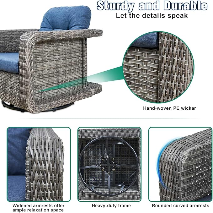 Patio Glider Swivel Rocker Sets: 3piece Patio Furniture Sets, 360° Swivel Rocking with Ottoman, Rust-Resistant Cushion -Perfect for Backyard/Deck/Porch/Balcony Decors- Gray Wicker, Blue (Chair+Table)