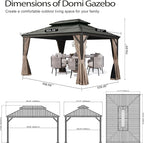Domi 10x14 FT Outdoor Gazebo, Hardtop Gazebo with Galvanized Steel Double Roof, Metal Gazebos with Drainage System Patio Pergola for Patio Deck Backyard,Curtain and Netting, Brown