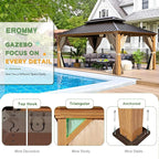 EROMMY 12'x16' Hardtop Gazebo, Wood Grain Aluminum Frame Outdoor Gazebo with Galvanized Steel Roof, Permanent Metal Pavilion with Curtains and Nettings for Patio, Backyard, Deck and Lawns