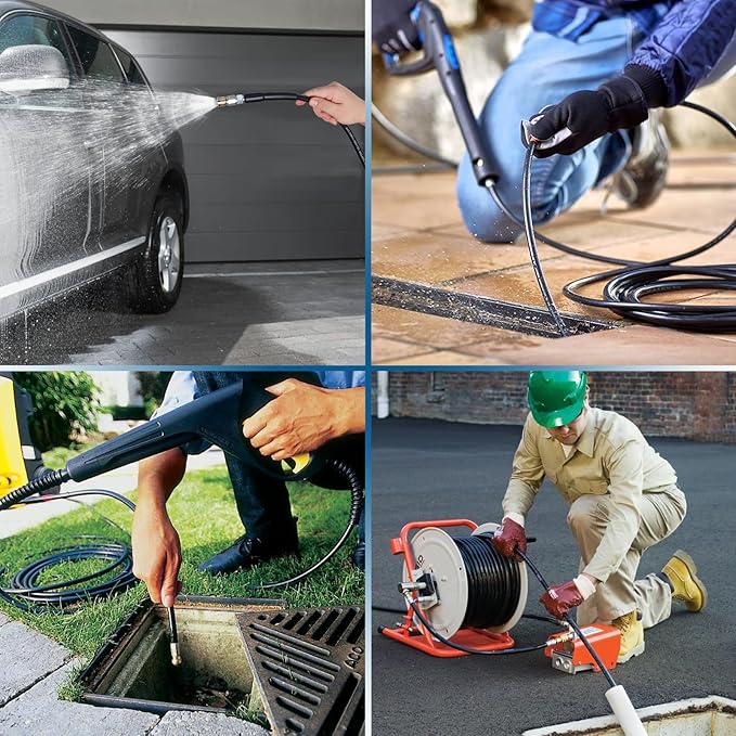 200FT Sewer Jetter Kit for Pressure Washer, 5800PSI Drain Cleaner Hose 1/4 Inch NPT Corner with 4 Sewer Jetting Nozzles，Waterproof Tape，Pearl Corsage Pin，Handle Strap & 2 Spanners (Black)