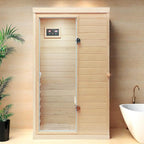 1 Person Far Infrared Indoor Sauna Hemlock Mini Single Person Sauna for Home with LCD Display & Bluetooth on The Left of The Indoor, Natural