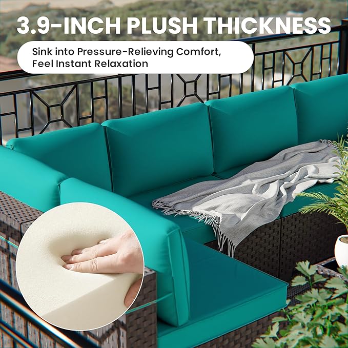 16 Pieces Outdoor Patio Furniture Set Outdoor Furniture Patio Sectional Sofa Conversation Sets w/ETL Approved 45" Gas Outdoor Fire Table & Coffee Table, Swivel Rocking Chair Turquoise.