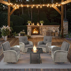 7 Piece Patio Furniture Set with Fire Pit Table - Wicker Patio Conversation Set with 4 Swivel Glider Chairs and 2 Tempered Glass Side Tables for Deck Backyard - Grey Wicker Grey Cushion