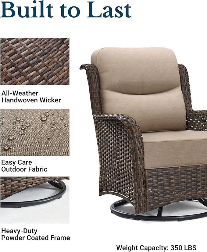 HILLGA Luxury Patio Furniture Set with 6-inch Thick Cushion, Outdoor High Back Swivel Rocker Patio Chairs, 2PCS Wicker Conversation Set for Deck Yard and Poolside, Beige (V2)