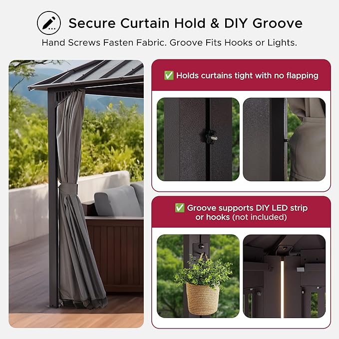 SUNJOY Kingston 20' x 12' Hardtop Gazebo with Galvanized Steel/Polycarbonate Double Roof, Curtain and Netting, Brown Aluminum Posts Permanent Pavilion Gazebo for Garden, Patio, Deck, Lawn