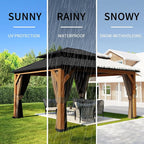 13' x 15' Double Hardtop Gazebo - Outdoor Thermal Transfer Wood-Looking Aluminum Gazebo with Double Hardtop, Privacy Curtains and Mosquito Nettings Included, for Patio, Garden, Backyard
