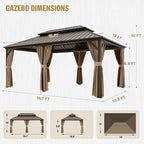 COOS BAY 12x18 Hardtop Gazebo with Aluminum Frame, Galvanized Steel Double Roof Outdoor Pavilion with Netting and Curtains, Dark Brown/Tan