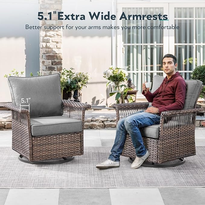 Outdoor Swivel Glider Chairs - 3 Pieces Hollow Widen Armrests Wicker Patio Furniture Set with Side Table, High Back Outside Swivel Rocker for Balcony Porch Deck and Yard - Brown/Gray