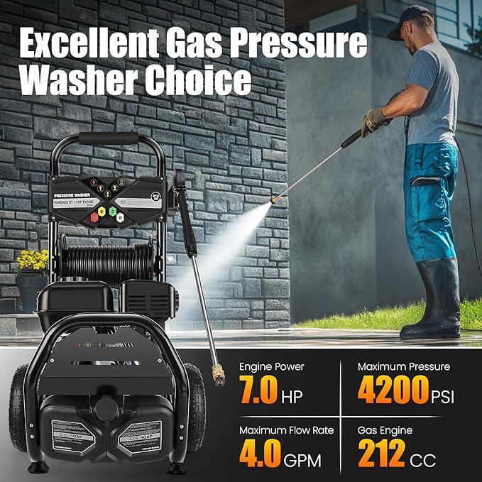 4200PSI Gas Pressure Washer 4.0GPM Gas Power Washer 212CC Gas Powered Washing Machine Commercial High Pressure Washer with 32ft Hose&5 Nozzles for Patio Garden Yard Vehicle (Black with 32ft Hose)
